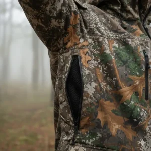 Underarm pit zips for temperature regulation in a quiet waterproof hunting jacket.