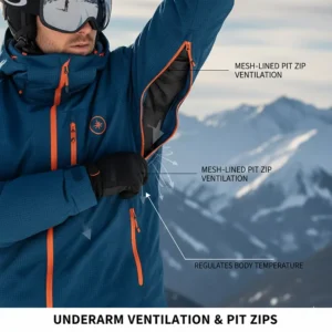 Illustration of mesh-lined pit zips for temperature control in a budget ski jacket.