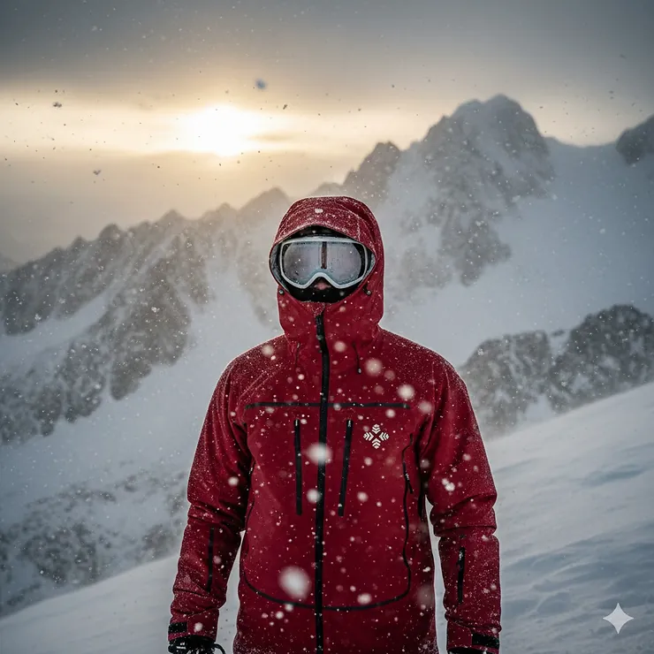 A skier wearing the warmest insulated ski jacket while standing on a snowy mountain summit during a blizzard.