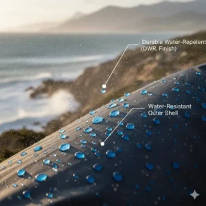Illustration of water droplets beading off the surface of a men’s windproof and water-resistant running shell.