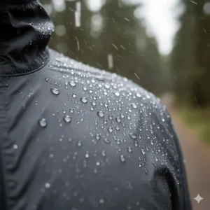 Close-up illustration of rain droplets beading off the surface of a water-resistant lightweight running jacket.