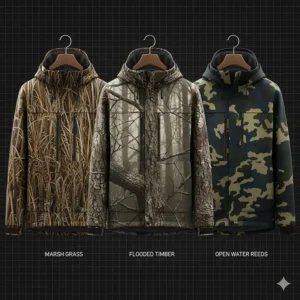 Comparison of different marsh and timber camouflage patterns on a waterfowl hunting jacket.