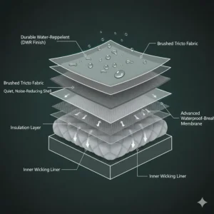 Diagram showing the multi-layer waterproof and breathable membrane of a hunting jacket.