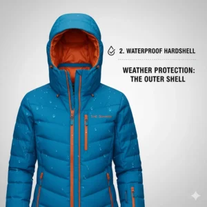 High-detail shot of a waterproof and windproof hardshell exterior of a premium 3-in-1 jacket.