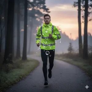 Illustration of water droplets beading off the surface of a weather-resistant high visibility running jacket.