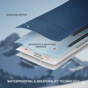 Technical illustration showing the waterproof and breathable layers of an affordable ski jacket.