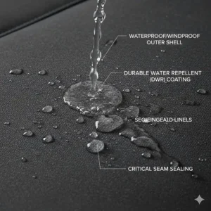 A close-up of water beading off a waterproof shell on an ice fishing jacket designed for sub-zero temperatures.