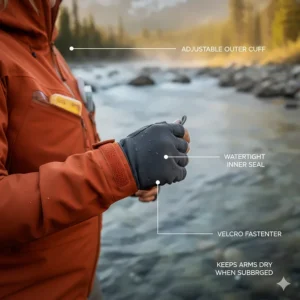 Illustration of adjustable watertight wrist cuffs designed to keep arms dry while fly fishing.