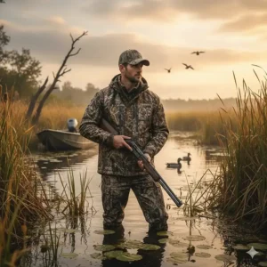 A waterfowl hunter wearing a marsh-pattern camo hunting jacket near a lake.