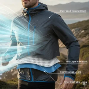 Illustration showing the multi-layer fabric construction of a men’s windproof running jacket blocking gusty winds.