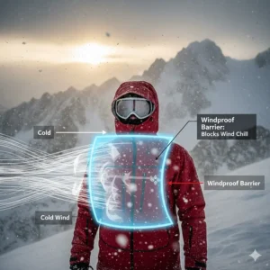 Technical diagram showing a windproof barrier integrated into a ski jacket to prevent wind chill during high-speed descents.