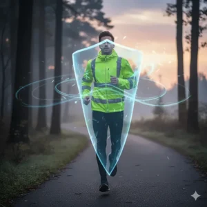 Technical drawing highlighting the wind-blocking fabric layers of a lightweight high visibility running jacket.