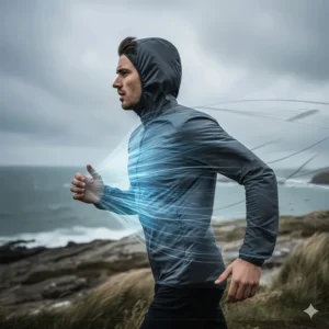 Diagram showing how a windproof running jacket deflects cold gusts while maintaining a slim profile.
