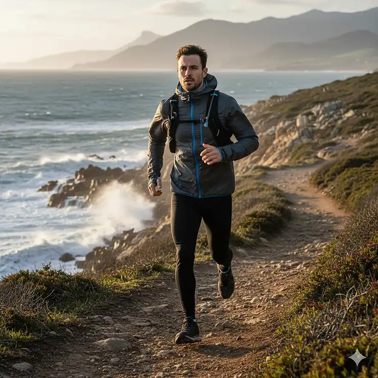 A male runner wearing a lightweight windproof running jacket while sprinting on a coastal trail during a windy day. windproof running jacket men