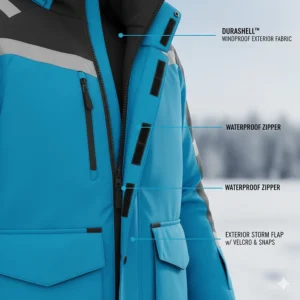 Detailed illustration of windproof zippers and storm flaps designed to block icy wind on high-speed snowmobile trails.