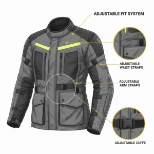 Close-up of adjustable waist and arm straps to ensure a snug fit for a touring armored motorcycle jacket.