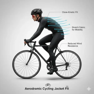 Side-view illustration showing the slim, aerodynamic fit of a windproof cycling jacket to reduce drag.