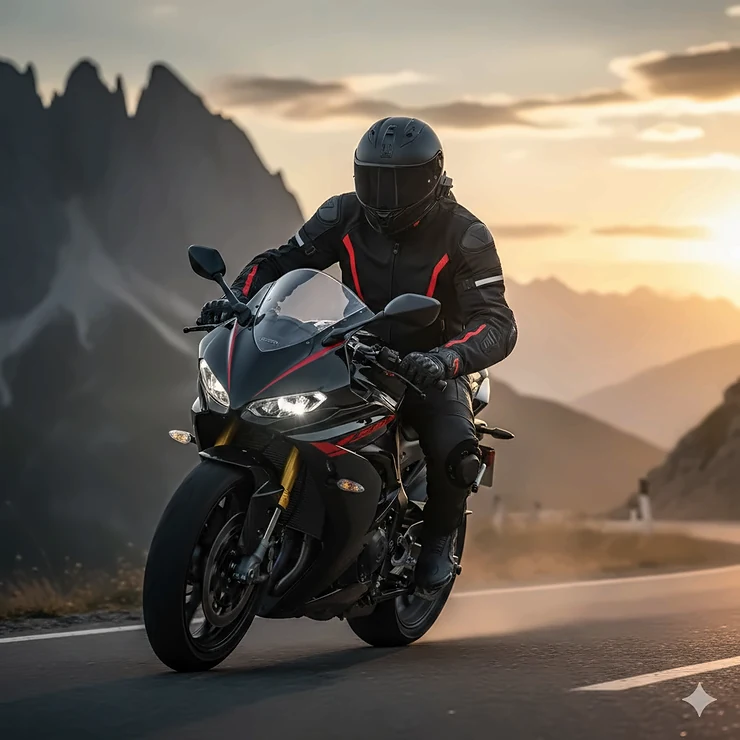 A motorcyclist wearing a black and red armored sport bike jacket while leaning into a curve on a mountain road.