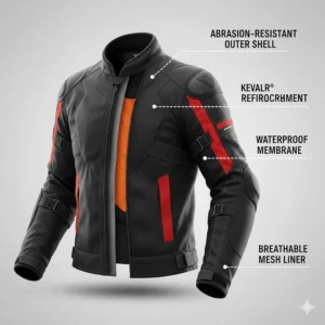 A cross-section diagram of the abrasion-resistant outer shell and breathable mesh liner of a sport bike jacket.
