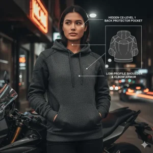 A casual-style armored motorcycle hoodie with hidden protective pads for urban riders.