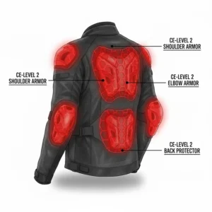 Close-up view of removable CE Level 2 impact protection inserts for an armored motorcycle jacket.