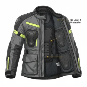 Diagram showing CE Level 2 removable armor inserts for elbows, shoulders, and back in a touring jacket.