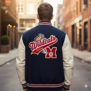 The back of a varsity baseball jacket showcasing a large embroidered team logo and high-quality stitching.
