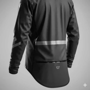 Rear view of a waterproof cycling jacket featuring a dropped tail for splash protection from the back wheel.