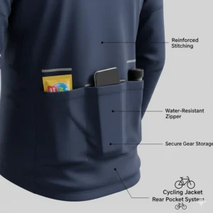 Close-up illustration of three reinforced rear pockets on a windproof cycling jacket for gear storage.
