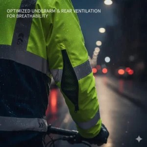 Illustration of underarm zippers and rear vents for breathability in a cycling rain shell.