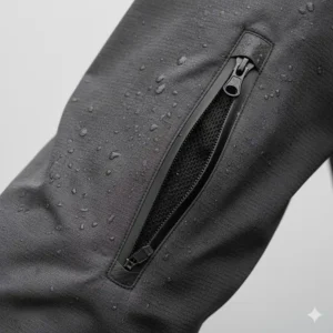 Zippered underarm vents on a waterproof cycling jacket for temperature regulation and breathability.