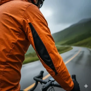 Illustration of zippered underarm vents on a cycling jacket to prevent overheating during climbs.