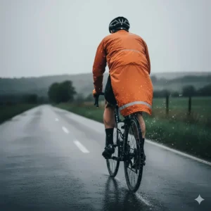 Illustration of an extended rear hem on a cycling jacket to protect the rider from rear-wheel road spray.