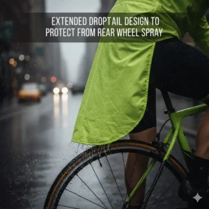 Illustration showing the dropped tail design of a cycling jacket to protect against rear wheel spray.