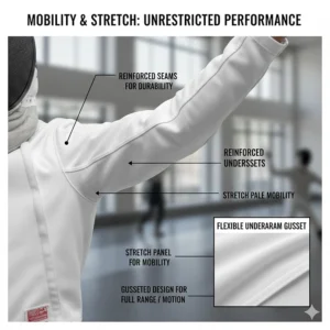 Detailed view of reinforced underarm gussets on a fencing jacket for competition to allow maximum range of motion.