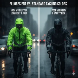 Comparison chart showing the visibility of fluorescent yellow versus dark colors in low-light rain conditions.