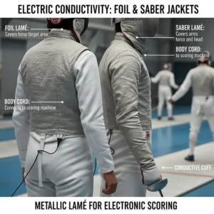 Close-up of a metallic lamé worn over a fencing jacket for competition in foil and saber events.