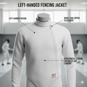 A left-handed fencing jacket for competition showing the side-zipper placement on the right side.