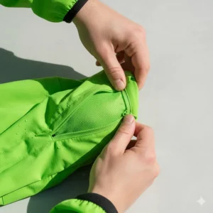 A lightweight waterproof cycling jacket folded into its own integrated pocket for easy storage.