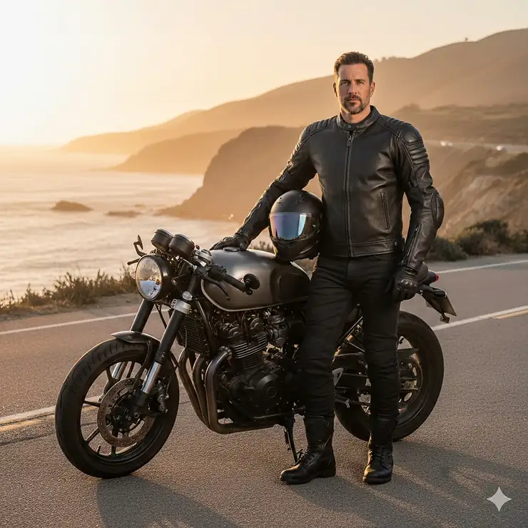 A rider wearing a black leather armored motorcycle jacket with integrated shoulder and elbow protection.