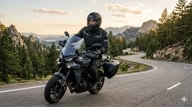 A man wearing a black waterproof textile motorcycle jacket with CE-rated armor, riding a touring bike on a paved road.