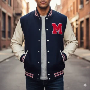 Front view of a button-down varsity baseball jacket featuring striped ribbed collar and cuffs.