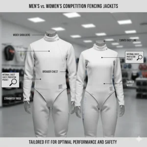 Comparison of men's and women's tailored fencing jackets for competition with internal chest protector pockets.