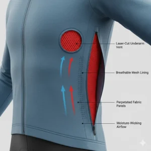 Technical drawing of underarm vents and breathable mesh panels on a windproof cycling jacket.