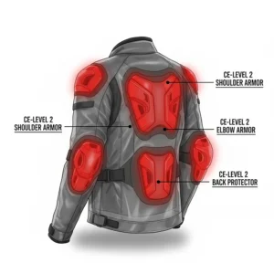 Diagram showing CE-rated armor placement in the shoulders, elbows, and back of a motorcycle jacket.