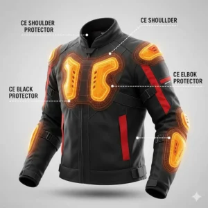 Illustration showing the internal CE-rated armor placements in the shoulders, elbows, and back of an armored sport bike jacket.
