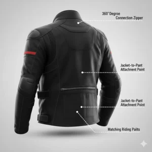 Technical drawing showing the 360-degree waist zipper connecting an armored sport bike jacket to matching riding pants.