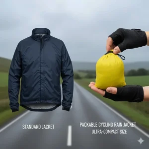 Comparison showing the small packed size of a cycling rain jacket versus a bulky standard windbreaker.