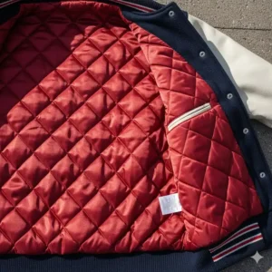 Interior view of a varsity baseball jacket showing the insulated diamond-quilted lining for extra warmth.