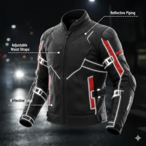 A dark silhouette of a rider highlighting the high-visibility reflective piping on an armored sport bike jacket.
